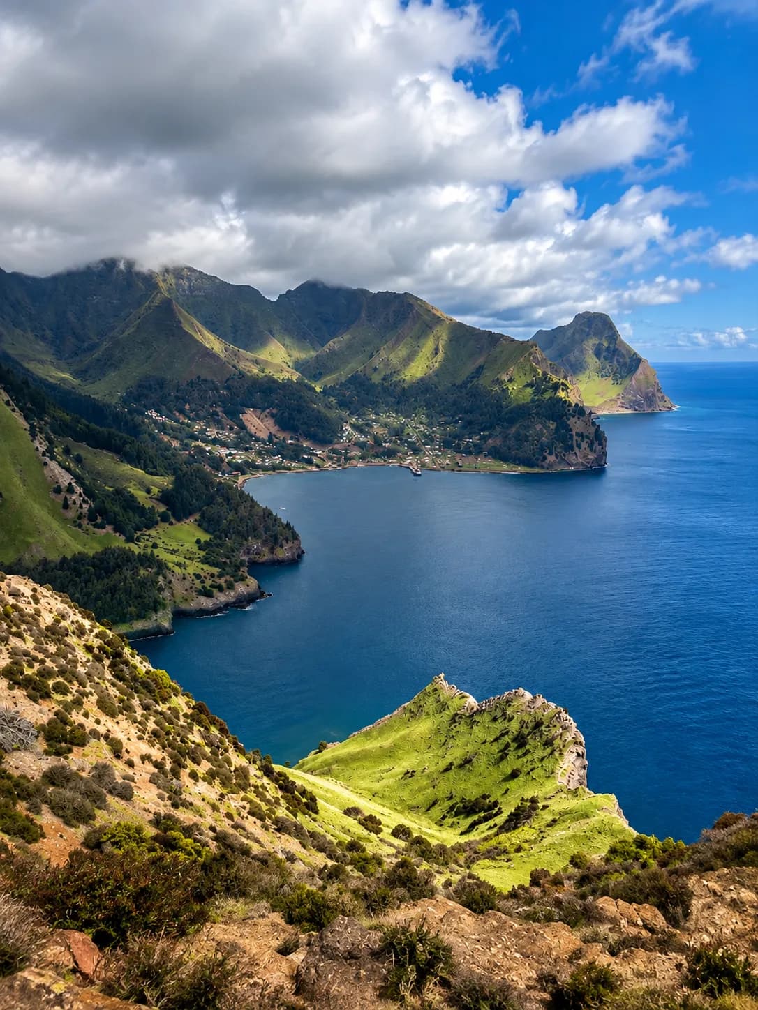 Bahía Cumberland y el poblado de San Juan Bautista, Archipiélago Juan Fernández, vistos desde altura