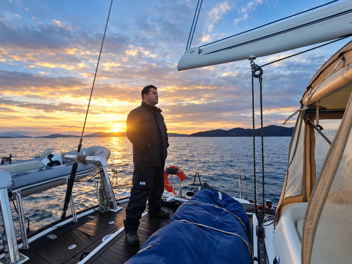 Felipe Jugo a bordo al atardecer, navegando un canal patagónico