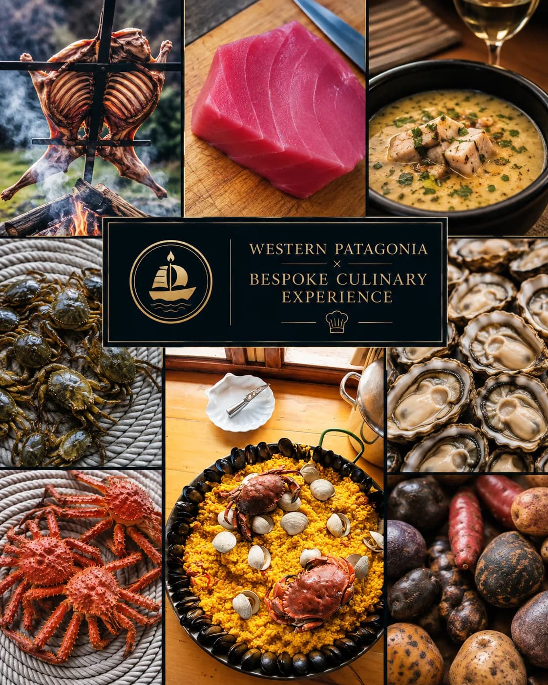 Mosaico de platos y productos del sur de Chile: cordero al palo, atún, sopa, ostras, centolla, paella y papas nativas, con el sello de la experiencia gastronómica