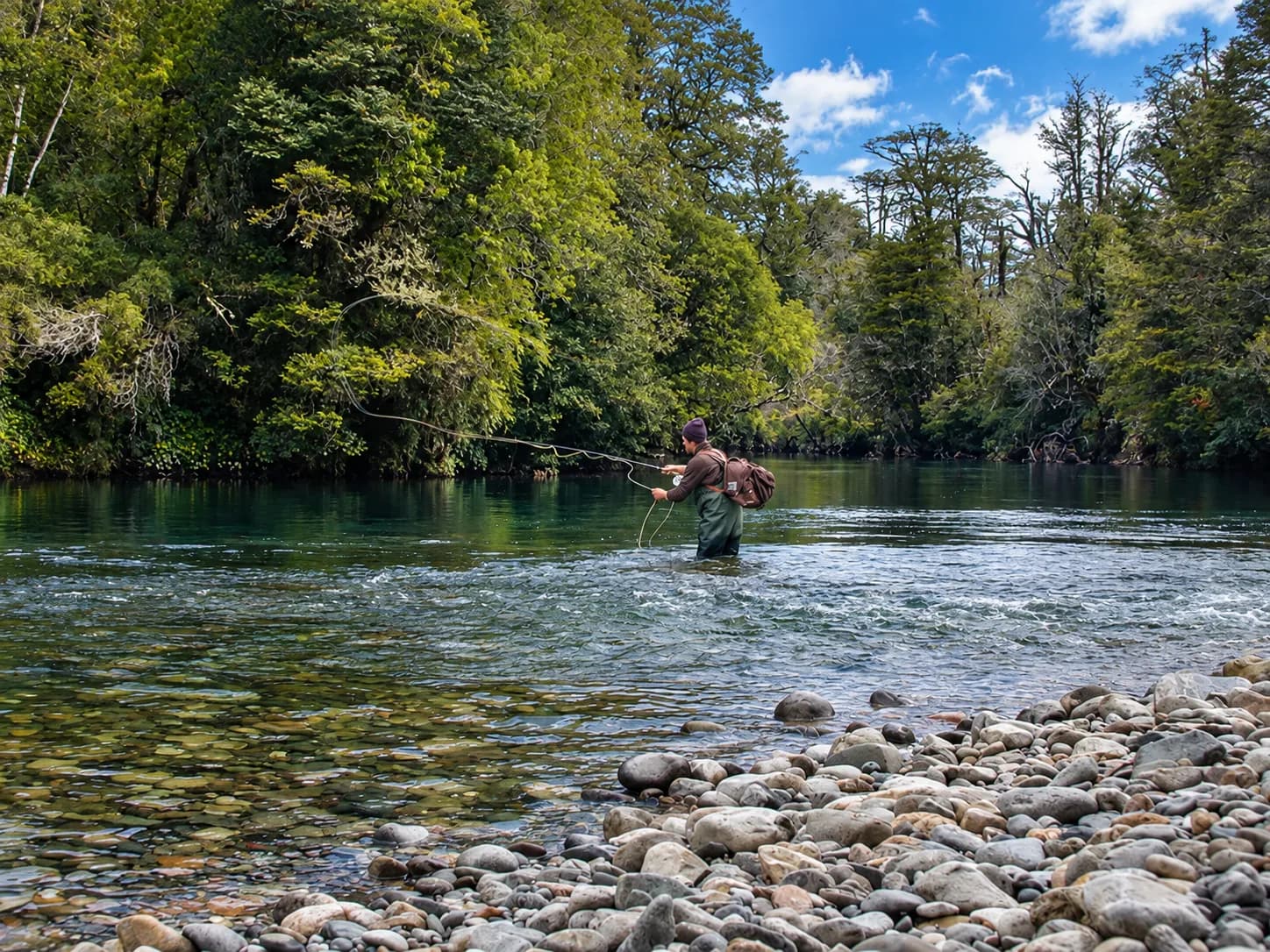 Pescador con mosca lanzando en un río de aguas claras rodeado de bosque