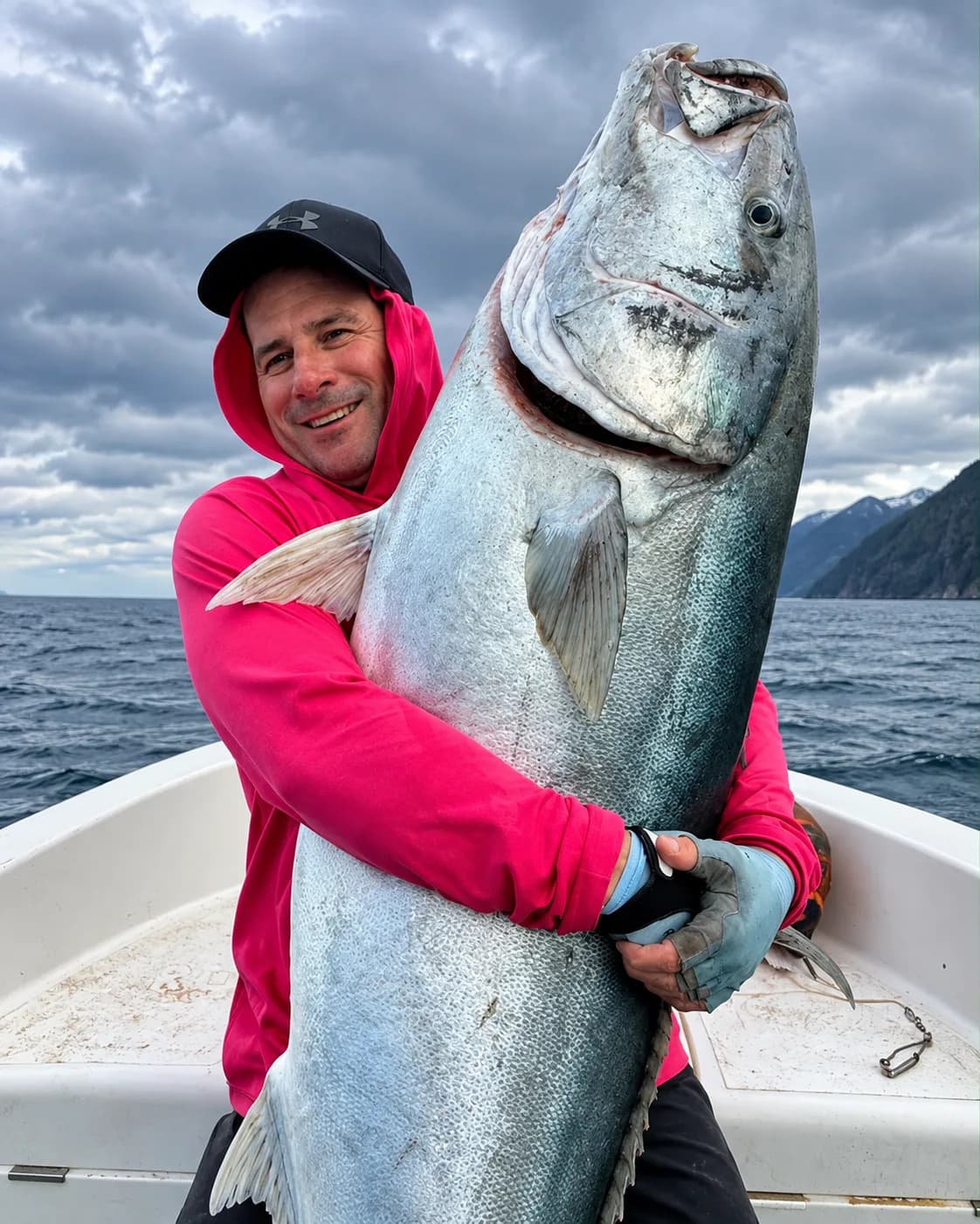 Pescador con capucha rosa abrazando un pez grande dentro de un bote