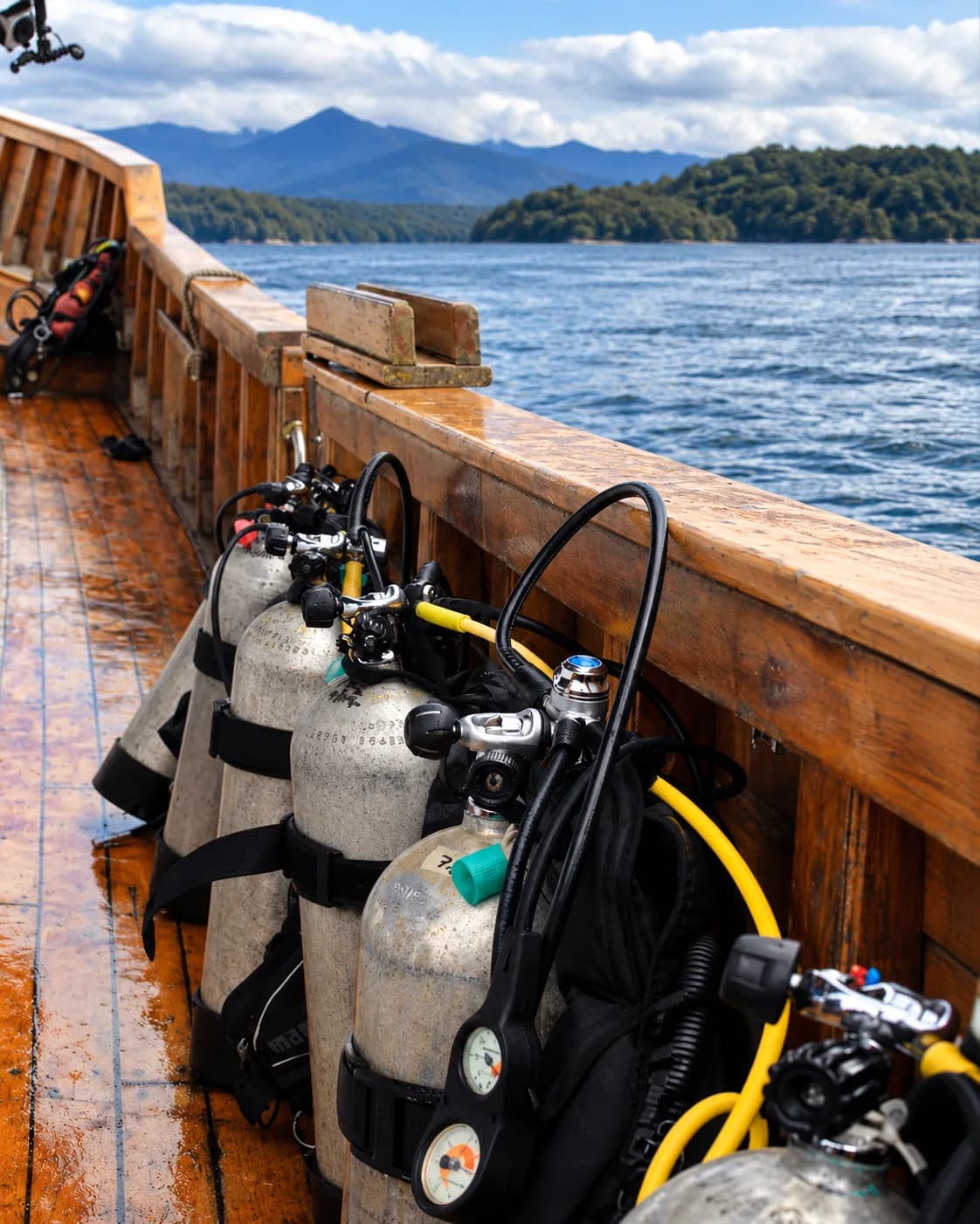 Tanques de buceo alineados en la cubierta de madera de una embarcación, con el fiordo de fondo