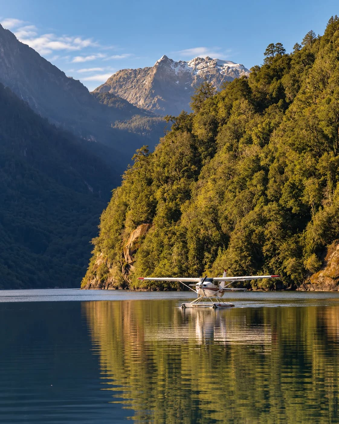 Hidroavión sobre el agua de un fiordo, con montañas nevadas y bosque al fondo