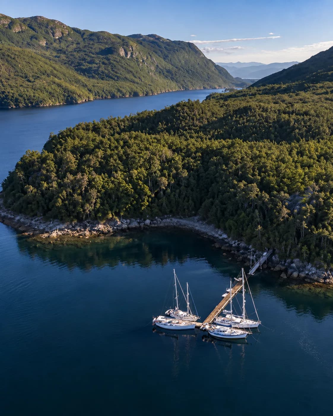 Vista aérea de una isla boscosa y de dos veleros amarrados a un muelle en un fiordo