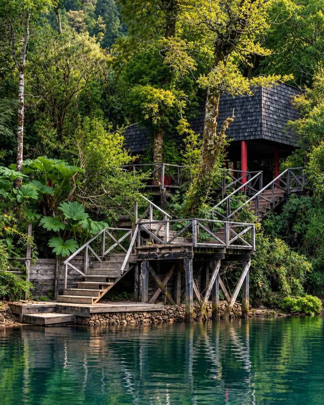 Cabaña de madera sobre una pasarela entre vegetación frondosa, junto al agua