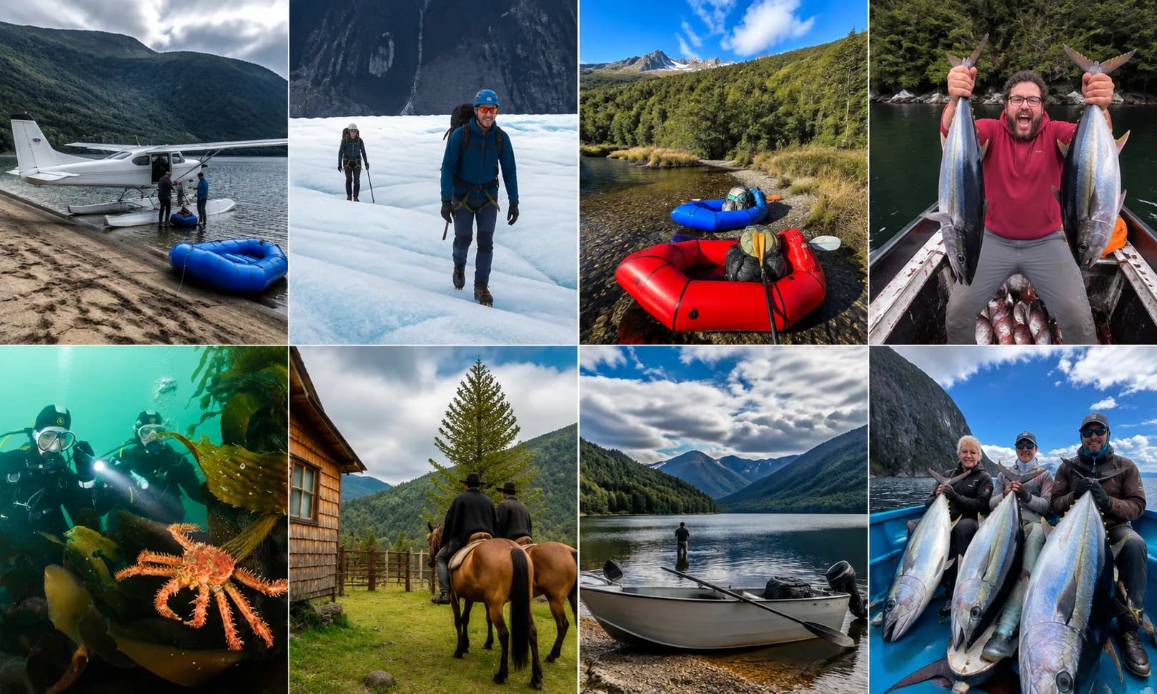 Mosaico de ocho escenas de experiencias en la Patagonia: hidroavión junto a una orilla, caminata sobre un glaciar, packrafts en un río, pesca desde un bote, buceo con centolla, cabalgata frente a una cabaña, pesca con mosca en un lago y pescadores con atunes