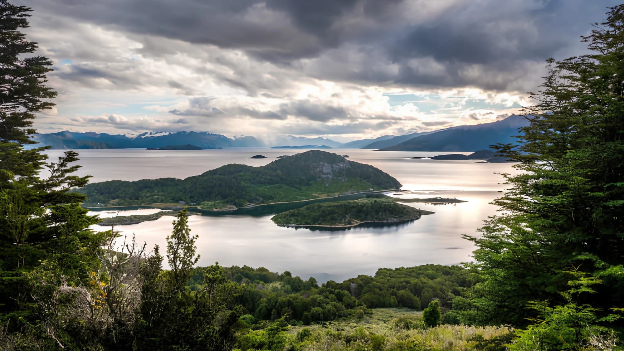 Vista aérea de una bahía patagónica rodeada de bosque costero
