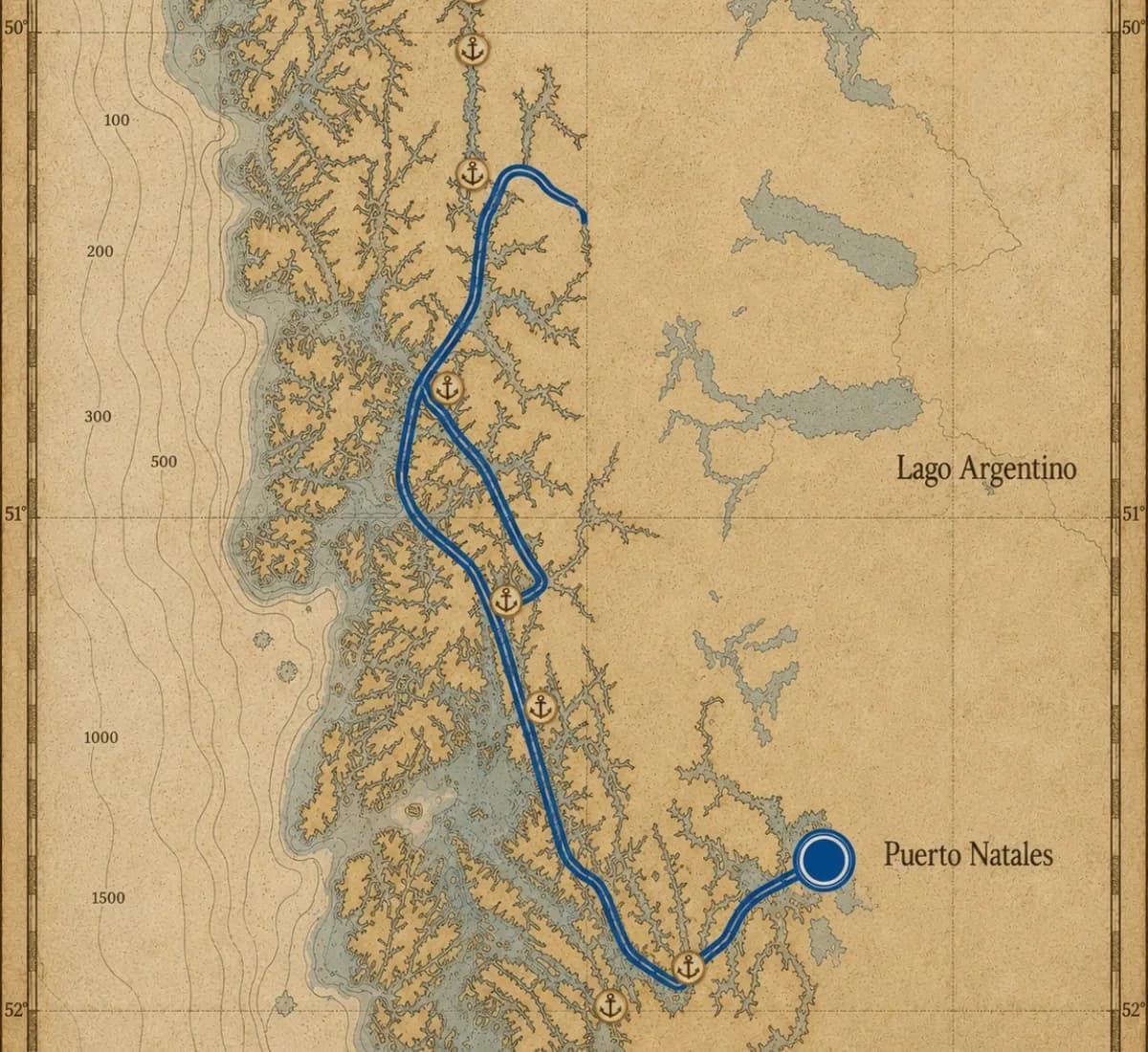 Mapa orientativo de la expedición Fiordos del Fin del Mundo, desde Puerto Natales