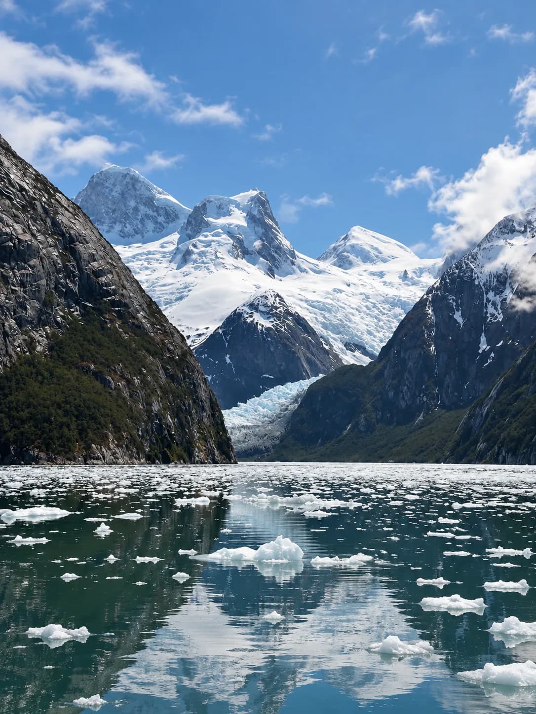 Glaciar entre montañas nevadas al fondo de un fiordo, con témpanos flotando sobre aguas oscuras